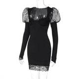 Black Lace Puff Long Sleeve Mini Dress-Outfit