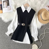 Fongt Design Sense Slit Knit Vest Shirt Foreign Style Reduced Age Two Suit Spring New White Shirt Jacket Female-Outfit