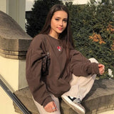 Embroidery Cute Casual Oversized Sweatshirt Autumn O Neck Streetwear Pullovers Brown Harajuku Top Long Tops Preppy
