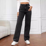 Fongt Burst Elastic Water Wash Denim Fashion Straight Trousers Trousers Trousers Trousers Women