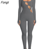 Women Sexy Bodycon 1Piece Jumpsuit Long Sleeve Square Neck Romper Ribbed Knit Yoga Workout Unitard Playsuit Backless