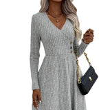 Fongt 2025 Autumn And Winter Fashion Temperament Pure Color V-Neck Spliced Sweater Dress