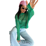 Fongt Spring And Summer New Knitted Shirt Horn Sleeve Loose Round Collar Hollow Sweater Woman