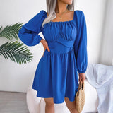 Spring And Summer Leisure Solid Wood Ear Side To Receive Waist Swing Dress Women's