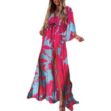 Autumn New Wish Sexy V-Tie Single-Breasted Floral Beach Dress-Outfit