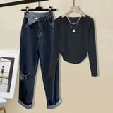Women Two Pieces Sets Streetwear Harajuku Long Sleeve Square Collar Top And Hollow Out Vintage Denim Pants