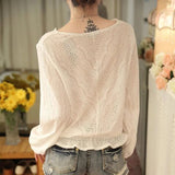 Spring New Long Sleeve V-Neck Stylish Hollow Out Blouses Elegant Ladies Korean Casual Solid Color Thin Pullovers Shirts-Outfit