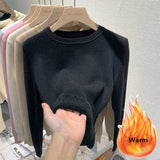 Women's O-neck Plus Velvet Thicken Sweaters Winter Slim Warm Long Sleeve Knitted Tops Casual Plush Fleece Lined Soft