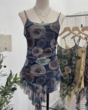 辣bab Net Yarn Print Small Sling Vest Tidly Tidly Ribbon Ribbon Leaves Edge Sleeveless Top