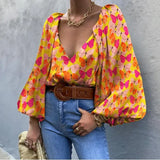 Puff Lantern Sleeve Blouse Elegant Fashion Women V-Neck Long Sleeve Shirts Spring Autumn Chic /Floral