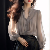 Fongt Autumn Alone Special To The Lotus Leaf Collar Beautiful Little Shirt Female Mogo Fish Creation French Lantern Sleeve Pure Color Chiffon Shirt