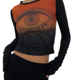Spring New 2024 Round Collar Cover Long-Sleeved Print Umbilical Casual Women's Top