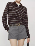 Fongt Summer New Temperament Thin Gentle And Comfortable Wash Wool Hit Striped Knitting Long-Sleeved Polo Shirt