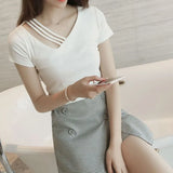 Fongt 2024 New V-Neck Slim Black Long-Sleeved T-Shirt Female Collarbone Niche Large Size White Hollow-Out Top-Outfit