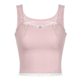 Pink Sweet Coquette Cropped Top Women Cute Bandage Bow Patchwork Metal Star-shape Tank Top Kawaii Summer Tees y2k Vintage-Outfit