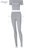 Solid Women Two Piece Set Short Sleeve Gym Top Crops Leggings Skinny Sporty Tracksuit 2023 Spring Summer Outfit