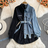 Spliced Corduroy Lapel Dress 2023 Autumn And Winter New Korean Version Waist Shows Thin Irregular Medium Length-Outfit