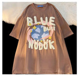Cute Planet Cartoon Graffiti T-shirt High Street Unisex Fun Y2K Tops Dark Brown Cotton Short Sleeve Summer Graphic