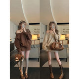 Fongt Blue Oblique Shoulder Design Long-Sleeved Shawl Dress Women Autumn Lazy Wind Top A Word Half-Body Dress Two-Piece