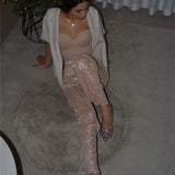 See Through Shiny Rhinestone Pants Women Hollow Out Fishnet High Waist Elastic Floor Length Pant Rave Nightclub
