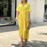 Fongt 2024 New Women's Dress With Waist Short Sleeve Single Breasted Solid Color Shirt