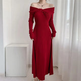 Hepburn Style Advanced Sexy Shoulder Black Long-Sleeved Knitted Dress Women's Autumn Temperament Slim Dress-Outfit