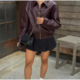 PU Leather Zipper Cropped Jacket-Outfit