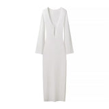 Fongt Women's ZA Autumn And Winter New V-Neck Horn Sleeve Long Buckle Dress
