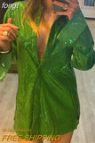Blouses Long Sleeve Top Sequin Shirts Women Y2K Solid Shirt Autumn Winter 2023 Chic Streetwear Green V Neck