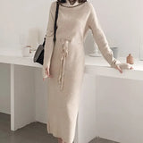 New 2022 Autumn Winter Women Dresses Turtleneck Oversize Drawstring Knitted Elegant Wild Ladies Long Dresses