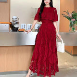 Fongt Women's Summer Design Sensing Splicing Round Collar Horn Sleeves To Close The Waist Thin Lace Lotus Side Dress