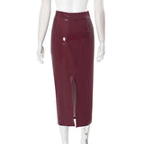 Bodycon PU Leather Zipper Split Midi Skirt-Outfit