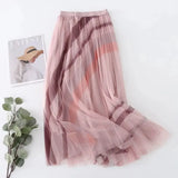 Fashion Patchwork Striped Print Pleated Skirt Elegant Office Lady Commute All-match Elastic High Waist Tulle Midi Skirts-Outfit