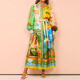 Fongt Women's Temperament Print Lantern Sleeve Belt Shirt Big Hem Dress