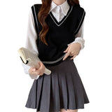 Fongt New College Style With Long-Sleeved Shirt Women's Short Splicing Fake Two Knitted Vest Tops Women's
