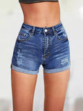 Broken Hole Flip Edge Stretch Denim Shorts Woman-Outfit