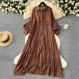 Fongt Retro Casual Dress Women's 2025 Spring Folding Lantern Sleeve Casual Loose Single-Dripple Shirt Long Dress