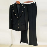 Fongt Fashion New Metal Block Decorated A Buckle Suit Trumpet Trouser Suit Two Sets