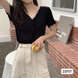 Fongt New Design Knitted Ear-Sensitive Niche T-Shirts Short-Sleeved Knitted Shirt Short-Sleeved Knitted
