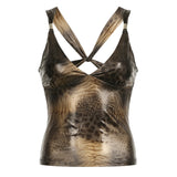 Fongt Cloth Forget Hottie Retro Leopard Thoracic Cross-Back Hollow Top Design Sense V Collar Body Vest