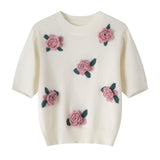 Retro Style Three-Dimensional Rose Flower Sweater Short-Sleeved Girl Spring And Summer New T-Shirt Pullover Blouse Girl-Outfit