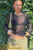 Hollow Out Cropped Knit Sweater Women Fairy Grunge Long Sleeve Top Vintage Loose Distressed Crochet Pullovers Cover-up