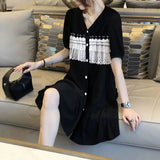 Casual V-Neck Lace Patchwork Mini Dress Summer Short Sleeve Fashion Single-breasted Women's Clothing Korean A-Line Dresses-Outfit