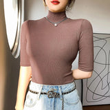 Women Half Turtleneck Slim Half Sleeve T Shirts Lady Threaded Fabric Elegant Stretchy Tops Tees Female Basic Sheath T-Shirt-Outfit