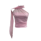 Real Shooting Mesh Ribbon Hanging Neck Folded Sleeveless Top Babes Two-Wearing Design Wrapping Bras