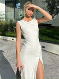 White Sheer Side Button Snap Maxi Dress-Outfit