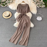 Suit Goddess Fan Irregular Round Collar Knit Blouse Two-Piece Set Of High Waist Thin Wide Leg Trousers-Outfit