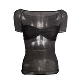 Fongt Spring And Summer Explosion Women's Dress A Word Collar Perspective Short-Sleeved T-Shirt