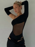 Sleeve Bodysuit Hollow Out Bodysuit Women Y2K Clothes Irregular Patchwork Mesh Body Solid Skinny Streetwear Black