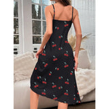 Fongt Cherry Print Medium And Long Dress Pyjamas Sexy Comfortable Home Clothes